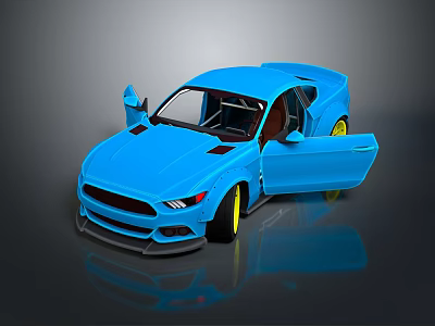 Blue Sports Car Model With Open Doors Yellow Wheels And Brown Interior 3d model
