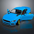 Blue Sports Car Model With Open Doors Yellow Wheels And Brown Interior