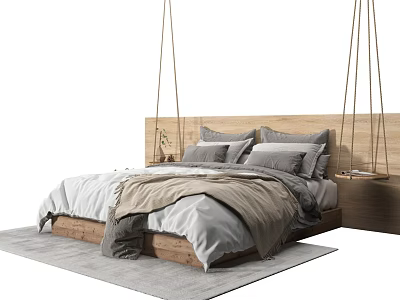 Modern Minimalist Double Bed Design With Wooden Headboard Gray Beige Bedding And Floor Rug 3d model
