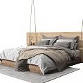 Modern Minimalist Double Bed Design With Wooden Headboard Gray Beige Bedding And Floor Rug
