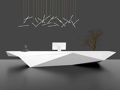 Modern Reception Desk With White Geometric Design Computer Monitor Sculpture And Pendant Lights 3d model