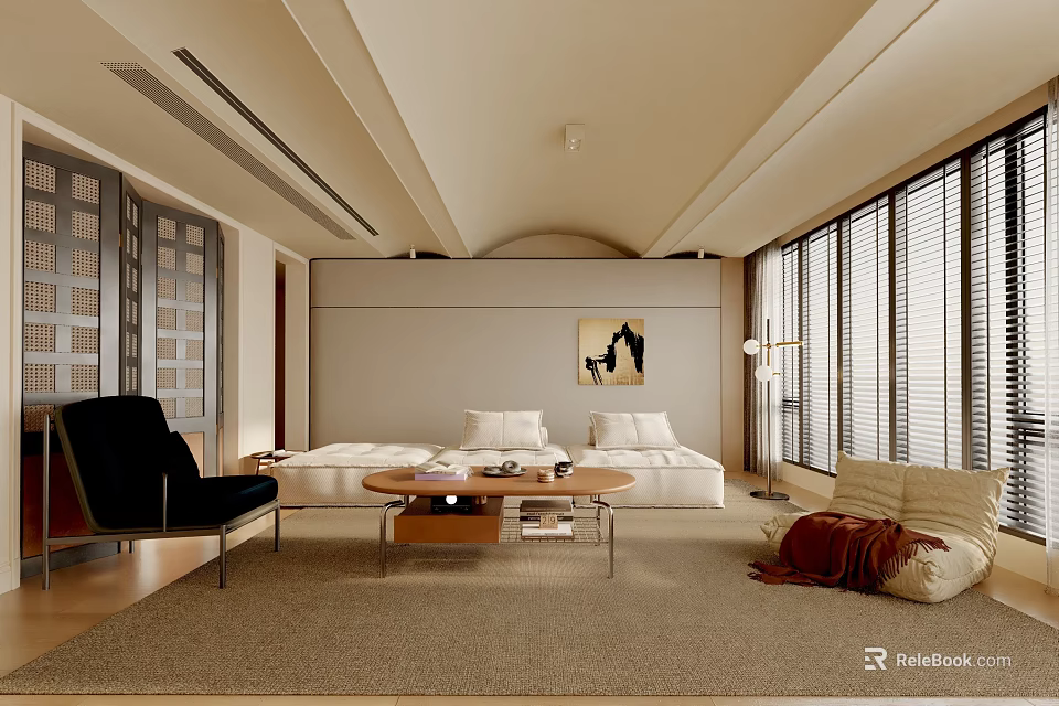 Modern Living Room Interior Design With White Sofa Wooden Coffee Table Black Armchair And Decorative Painting 3d model 