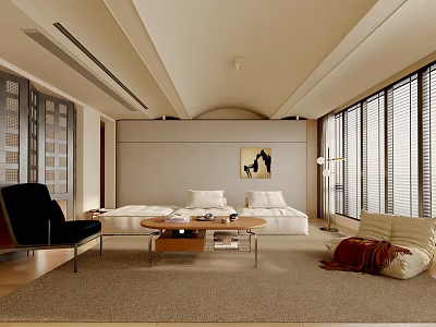 Modern Living Room Interior Design With White Sofa Wooden Coffee Table Black Armchair And Decorative Painting 3d model