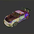Custom Black And White Racing Car With Purple Green Livery And Rear Spoiler