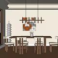 Modern Restaurant Interior Design With Dining Table Chairs Pendant Lights And Wall Decor 3d model