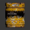 Yellow Military Pressure Tank Weapon With Warning Signs And Worn Surface