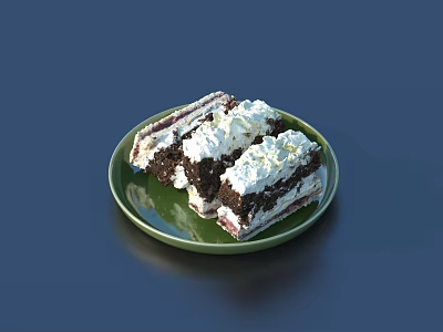 Delicious Chocolate Cakes With Cream And Red Filling Served On Green Plate 3d model