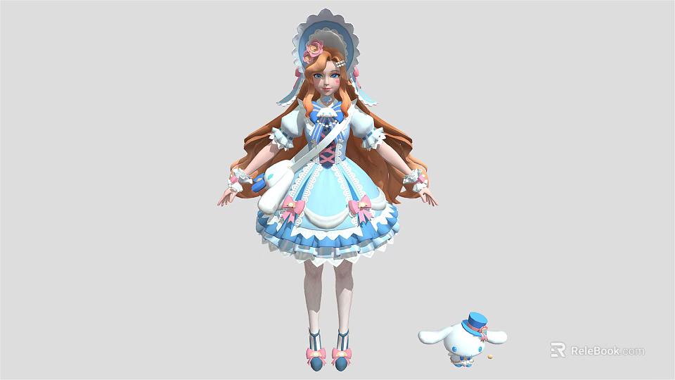 Anime Character In Blue Dress With Pink Bows And Small White Creature Wearing Blue Hat 3d model 