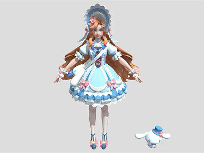 Anime Character In Blue Dress With Pink Bows And Small White Creature Wearing Blue Hat 3d model