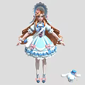 Anime Character In Blue Dress With Pink Bows And Small White Creature Wearing Blue Hat