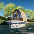 Shell Shaped Over Water Boutique Villa With Wooden Stairs Green Plants And Blue Sky View