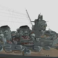 Detailed Military Warship 3D Model With Turrets Mast And Deck Structures