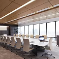 Modern Conference Room With Long Table White Chairs Laptop And City View Through Large Windows