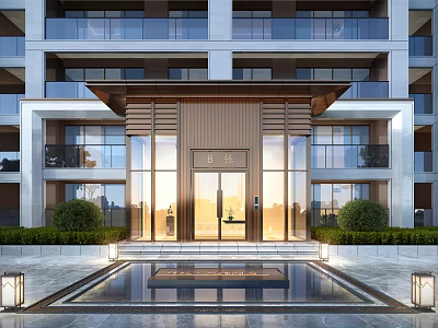 Modern Luxury Building Entrance Facade With Glass Doors Metal Panels And Water Feature 3d model