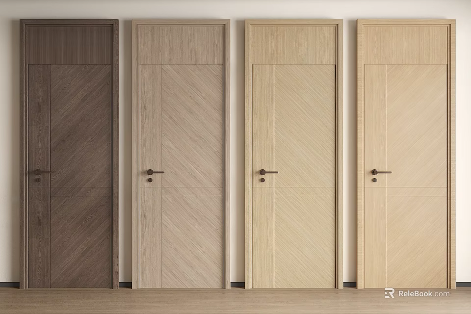 Wooden Hinged Doors in Various Natural Tones with Wood Grain Patterns and Handles 3d model 