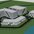 Modern Industrial Factory With Multistorey Structure And Large Glass Windows Surrounded By Trees And People