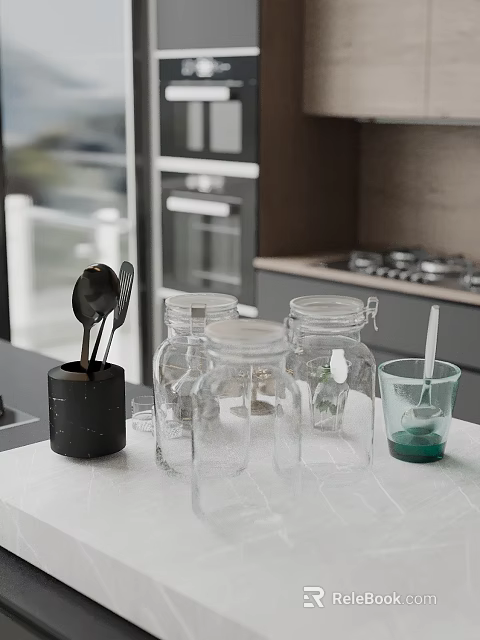 Modern Kitchen Countertop With Black Utensil Holder Glass Jars And Green Liquid Cup 3d model 