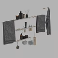 Organized Bathroom Essentials with Gray Towels White Shelves and Toiletries