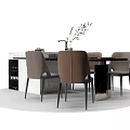 Modern Dining Table Set With Four Brown Chairs Marble Top And Decorative Vase