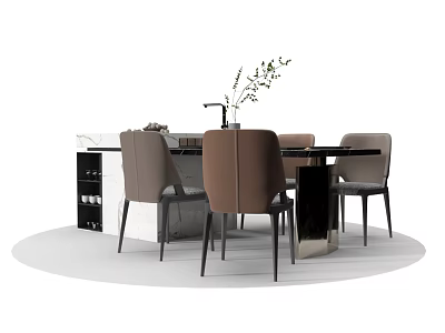 Modern Dining Table Set With Four Brown Chairs Marble Top And Decorative Vase 3d model