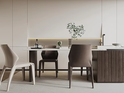 Modern Dining Table Set With Mixed Color Chairs And Green Plant In Minimalist Kitchen 3d model