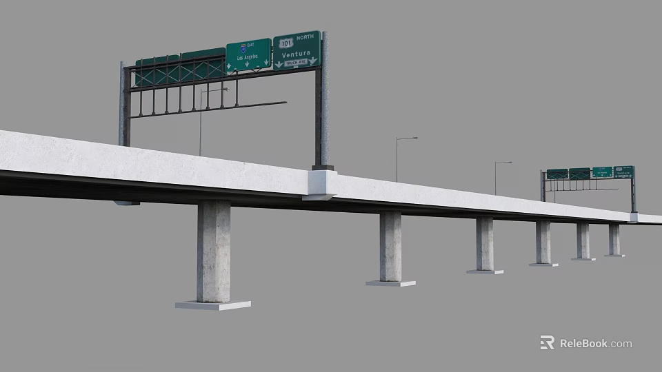 Elevated Highway Bridge Structure With Overhead Traffic Sign Gantry Concrete Piers And Street Lamps 3d model 