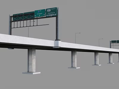 Elevated Highway Bridge Structure With Overhead Traffic Sign Gantry Concrete Piers And Street Lamps 3d model