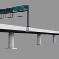 Elevated Highway Bridge Structure With Overhead Traffic Sign Gantry Concrete Piers And Street Lamps