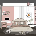 Pink And White Kids Room Interior With Cozy Bed Desk Wall Art Balloons Stuffed Toys