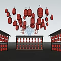 Numerous Red Chinese Lanterns Hanging Over Traditional Buildings With Water Surface Reflections