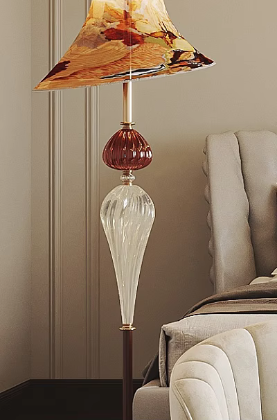 Elegant Modern Floor Lamp With Red Top And Transparent Glass Base By Sofa 3d model