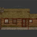 Exterior View Of Traditional Thatched House With Wooden Walls Chimney Windows And Door