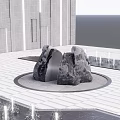 Modern Garden Ornament With Rock Sculpture On Circular Base Stone Tile Floor And Water Feature