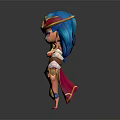 Vibrant Game Character With Blue Hair Colorful Hat And Golden Cross Weapon With Blue Gems