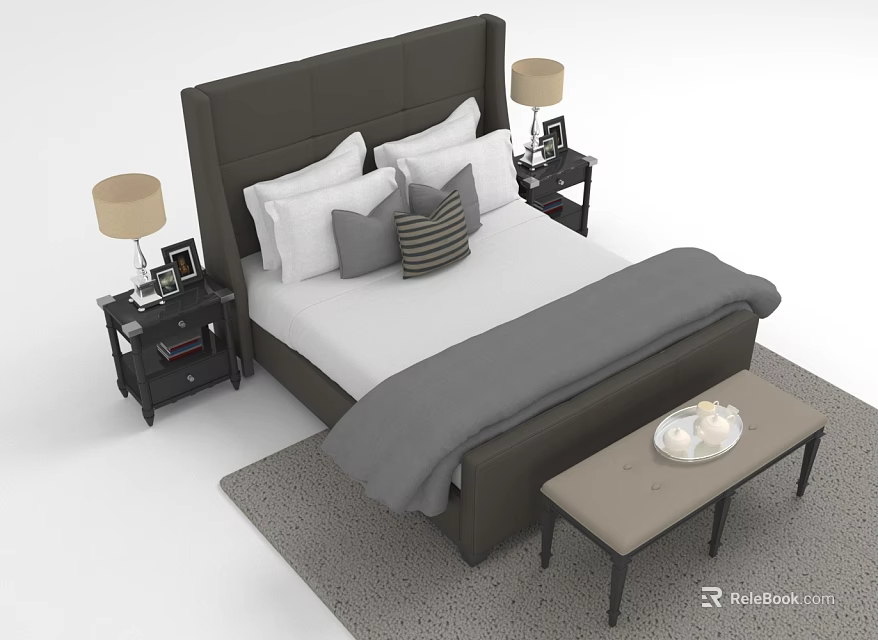 Double Bed with Gray Headboard White Mattress Pillows Nightstands Lamps End Bench and Gray Rug 3d model 