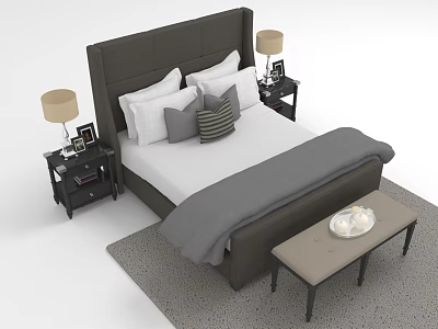 Double Bed with Gray Headboard White Mattress Pillows Nightstands Lamps End Bench and Gray Rug 3d model