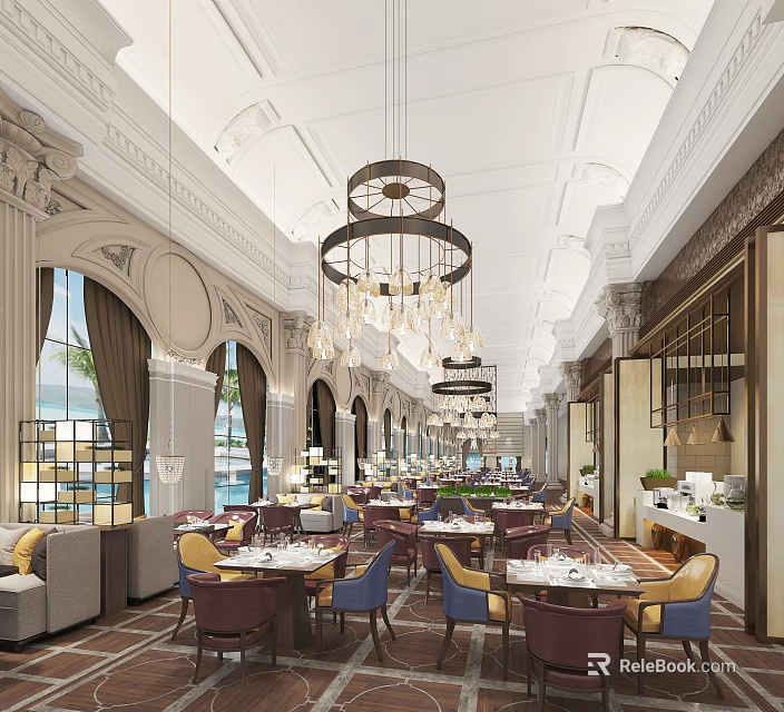 Elegant Restaurant Interior Design With Crystal Chandeliers Arched Windows And Colorful Chairs 3d model 
