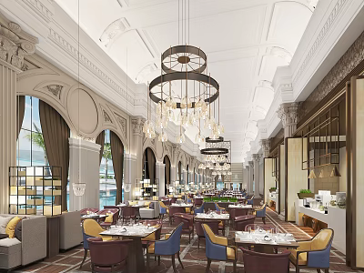 Elegant Restaurant Interior Design With Crystal Chandeliers Arched Windows And Colorful Chairs 3d model