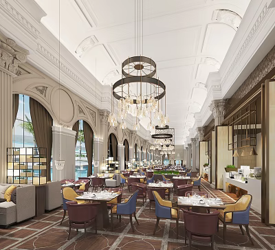 Elegant Restaurant Interior Design With Crystal Chandeliers Arched Windows And Colorful Chairs 3d model