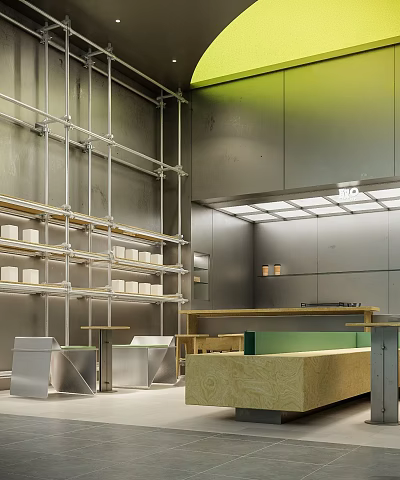 Industrial Style Dessert Shop Interior With Shelves And Counter 3d model