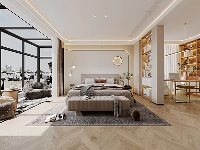Modern Bedroom Interior Design With Large Windows Bed Bench And Bookshelves 3d model