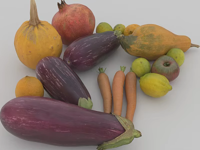 Fresh Vibrant Assorted Vegetables With Pumpkin Pomegranate Eggplant Carrots Squash And Lemons 3d model
