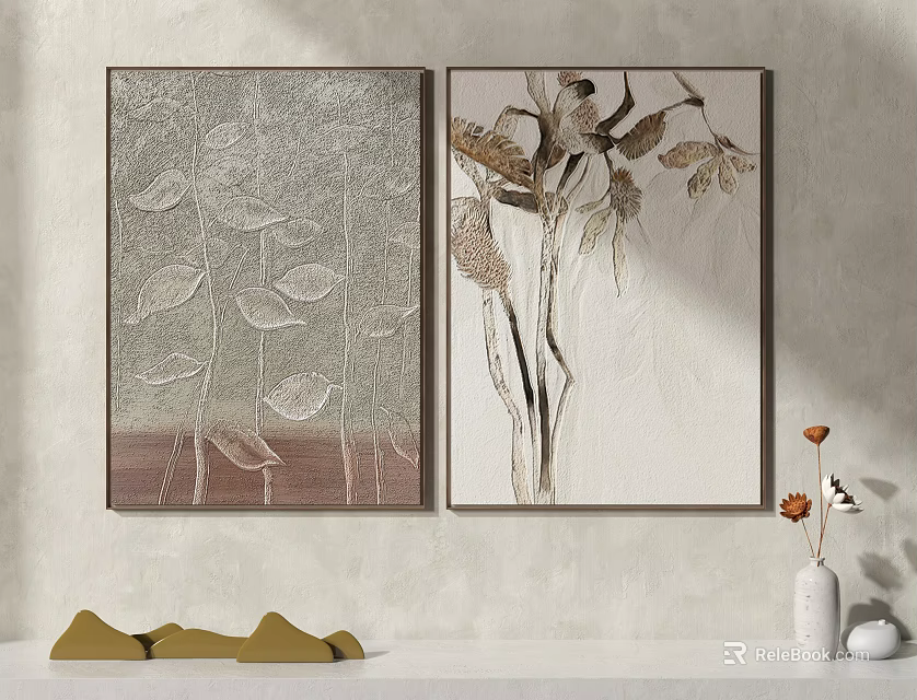 Two Decorative Wall Paintings With Leaf Plant Patterns And Shelf Vase Decorative Objects 3d model 