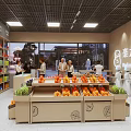 Supermarket Store Interior With Fresh Fruit Displays Shelves And Refrigerated Products