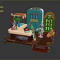 Lego Style Play Set Scene With Blue Cabinet Small Counter Robot Figure And Yellow Barrels