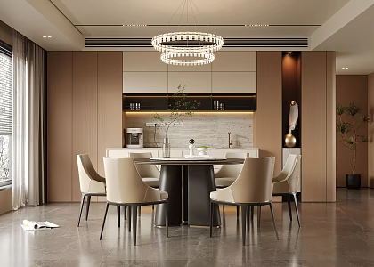 Modern Italian Restaurant Dining Table and Chair Sideboard Chandelier 3d model