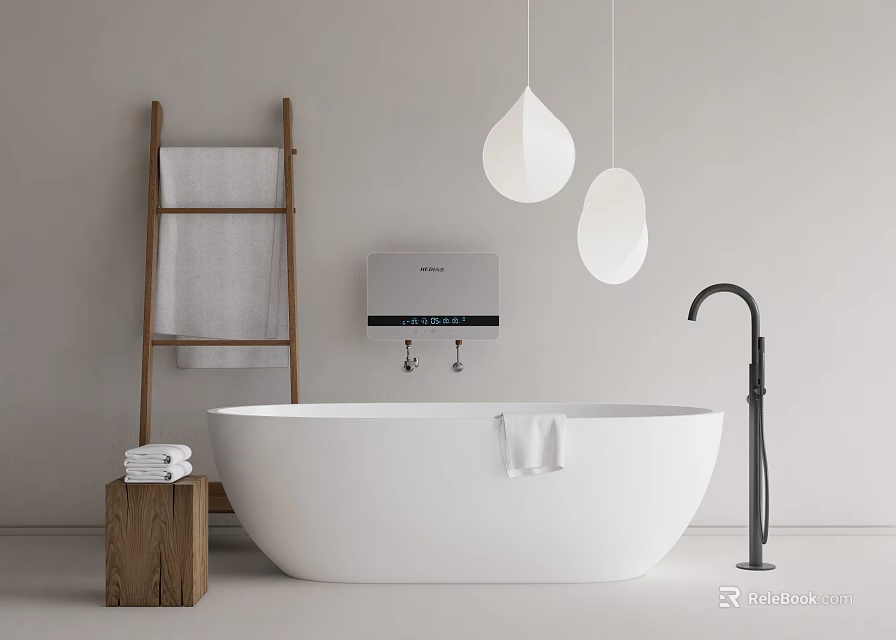 Modern White Free Standing Bathtub With Black Faucet Wooden Ladder Teardrop Pendant Lights And Towels 3d model 