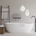 Modern White Free Standing Bathtub With Black Faucet Wooden Ladder Teardrop Pendant Lights And Towels