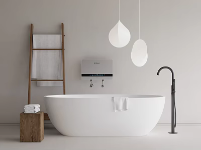 Modern White Free Standing Bathtub With Black Faucet Wooden Ladder Teardrop Pendant Lights And Towels 3d model