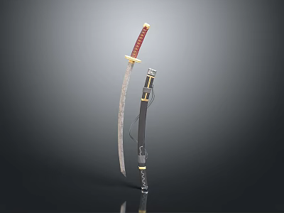 Traditional Japanese Katana With Red Handle And Black Sheath Featuring Golden Accents 3d model